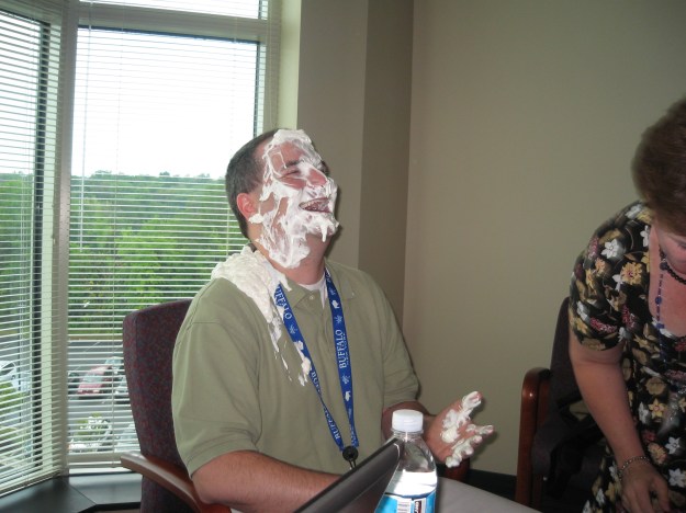 Chris gets hit in the face with a pie Chris gets hit in the face with a pie