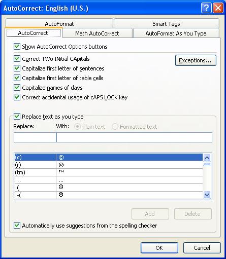 Autocorrect in Word Screenshot of AutoCorrect Window in Word 2007