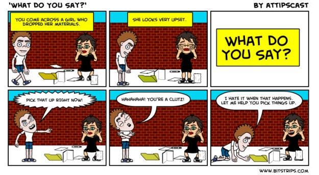 What Do You Say? Bitstrip comic where student is presented with choices to a girl who dropped her books