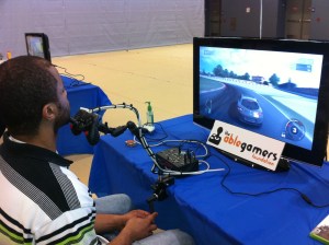 Driving with your chin Picture of person controlling an onscreen car using his chin