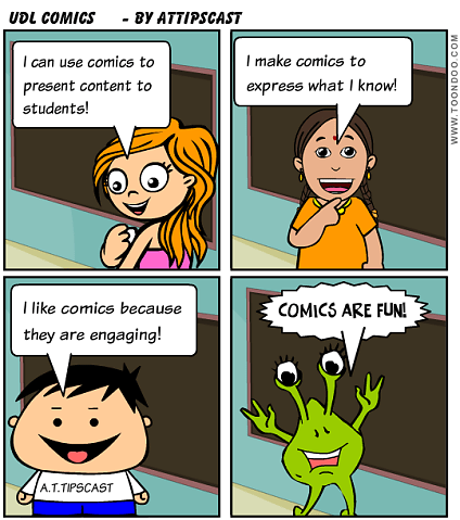 UDL Cartoon four panel comic with each character saying something about universal design for learning. The first panel features a young caucasian woman with blonde hair saying I can use comics to present content to students. Panel 2 contains a woman from India saying I make comics to express what I know. Panel 3 features a caucasian boy wearing an A.T.TIPSCAST shirt that says I like comics because they are engaging. Panel 4 features an little green alien saying Comics are fun!