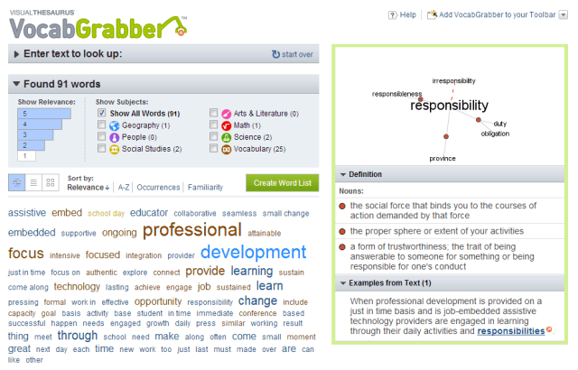 Vocab Grabber for the first paragraph of text from an article on professional development.