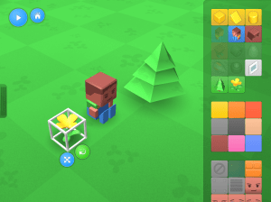 A pixelated man sitting next to a pixelated evergreen tree with a yellow flower nearby. A tools palette can be seen onscreen to the right as well.