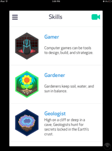 Image of three badges: Gamer, Gardener, and Geologist